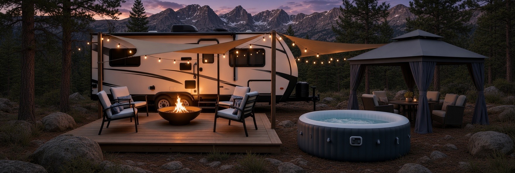 Concept of the stay: a private RV, fireside deck, furnished gazebo, and hot tub